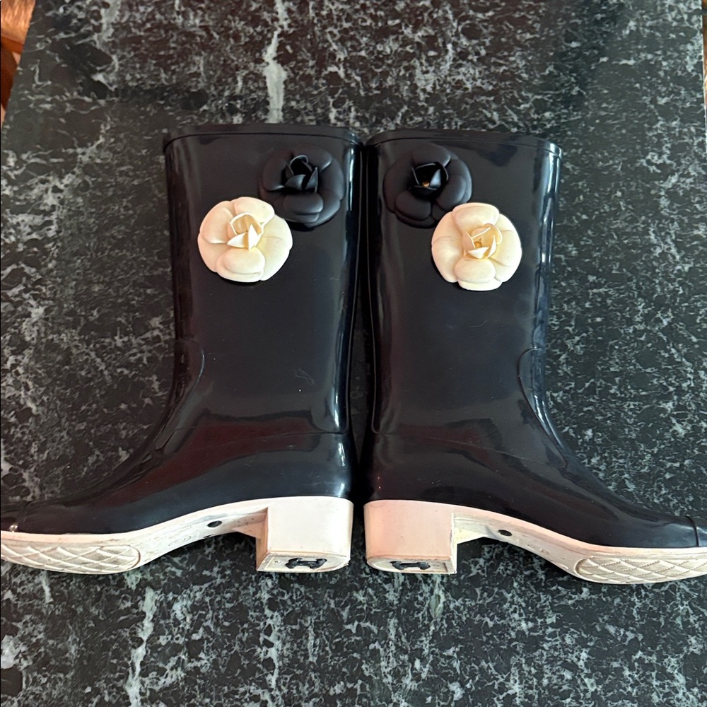 Chanel  Black and Cream Camelia Women's Rain Boots 39